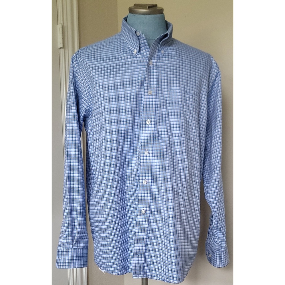 Allen Edmonds Mens Blue Plaid Wrinkle Free Single Needle Tailoring Shirt Sz XL‎